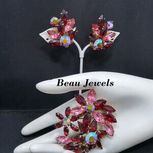 Vintage Beau Jewels Rhinestone Set – 1950s Brooch & Earrings, Red AB Crystals